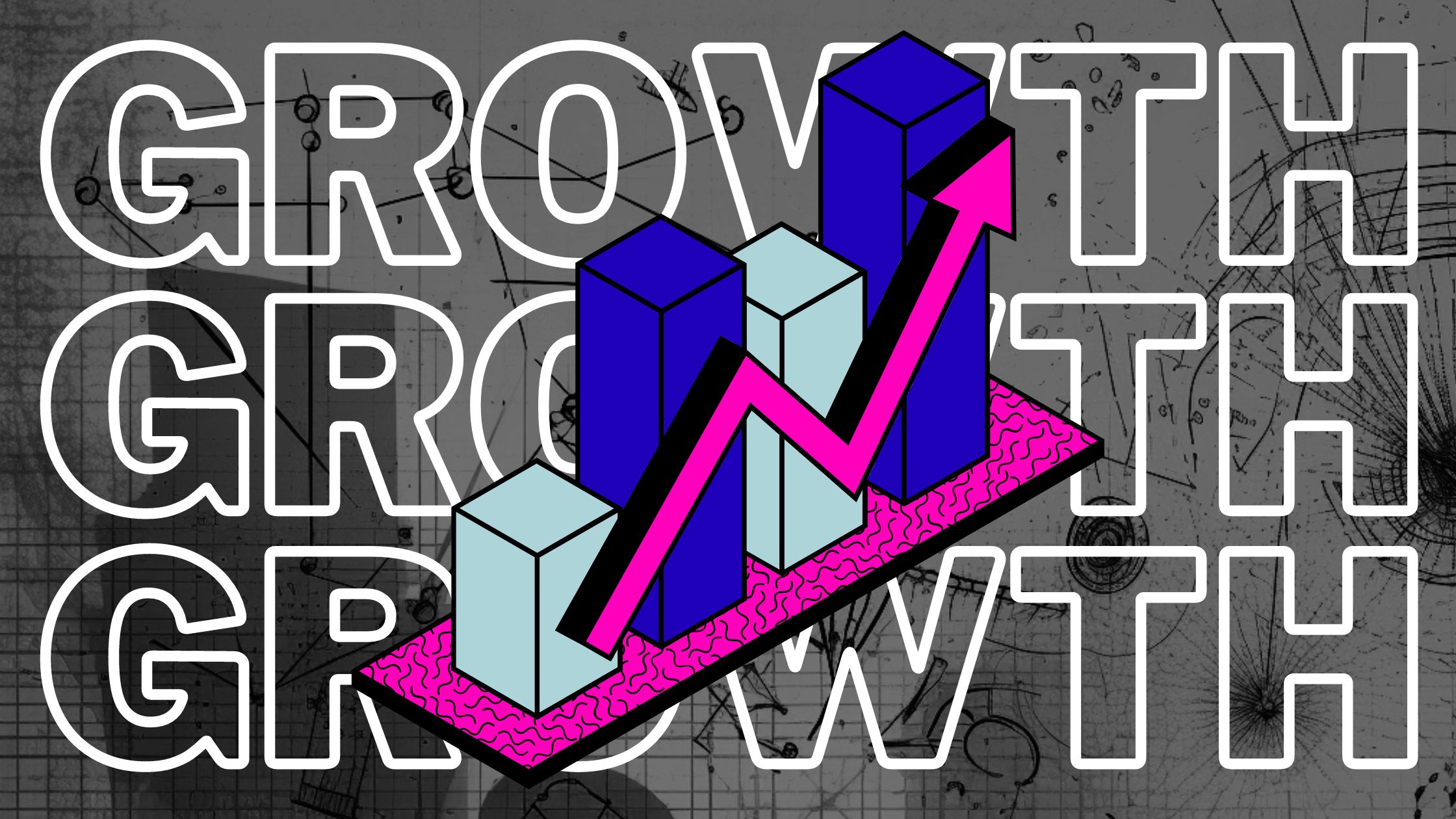 An illustration of a graph point up and to the right with the word GROWTH repeated behind it, sitting on graph paper with pencil drawings of various experiments, representing the concept of growth hacking